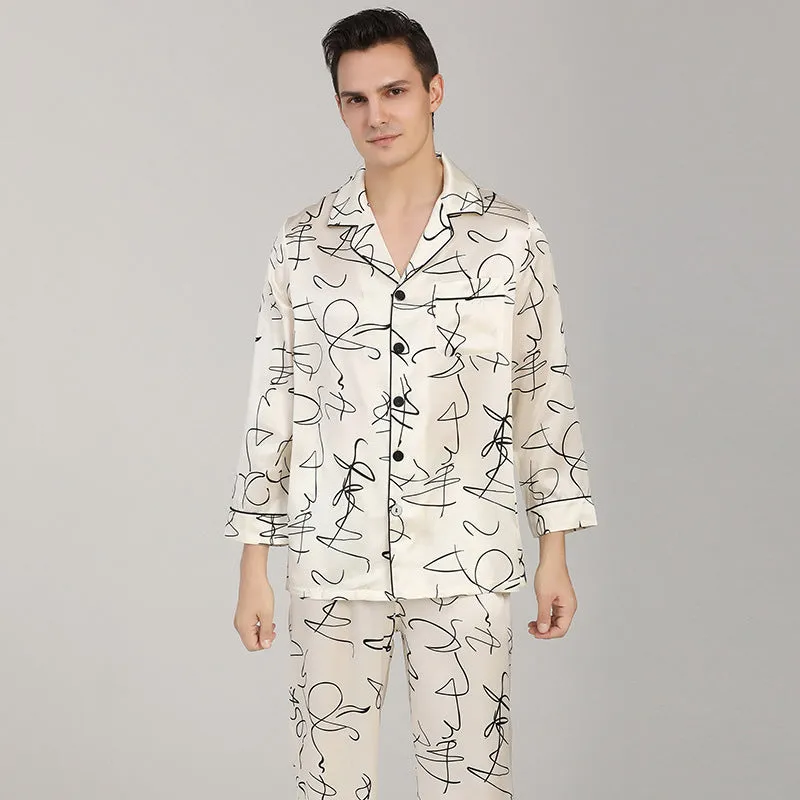 100% Silk Long Sleeve Pajamas Set White Printed Silk Nightwear For Men