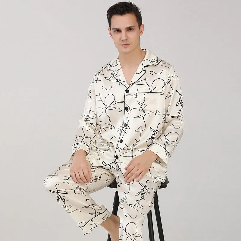 100% Silk Long Sleeve Pajamas Set White Printed Silk Nightwear For Men