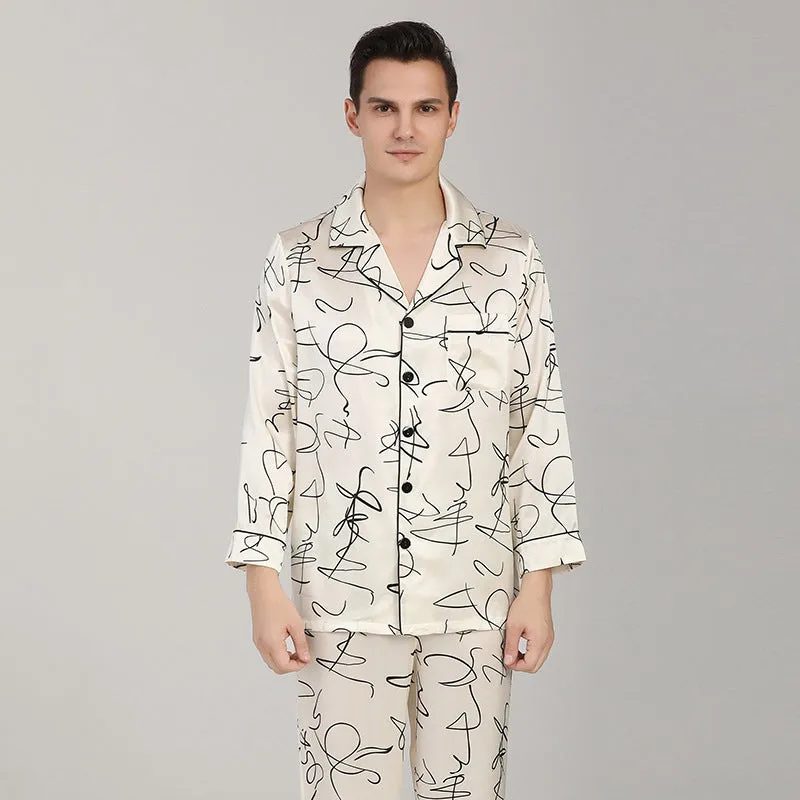 100% Silk Long Sleeve Pajamas Set White Printed Silk Nightwear For Men