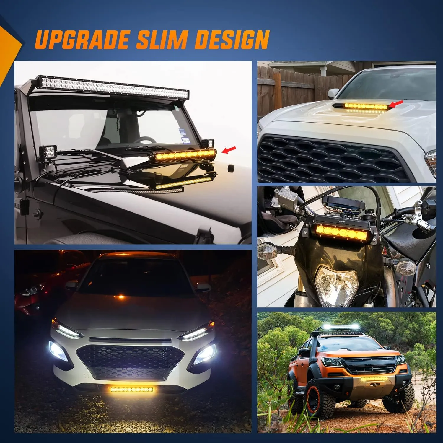 11 Inch 50W Amber Slim Flood Led Light Bar | 2 Style Mounts (Pair)