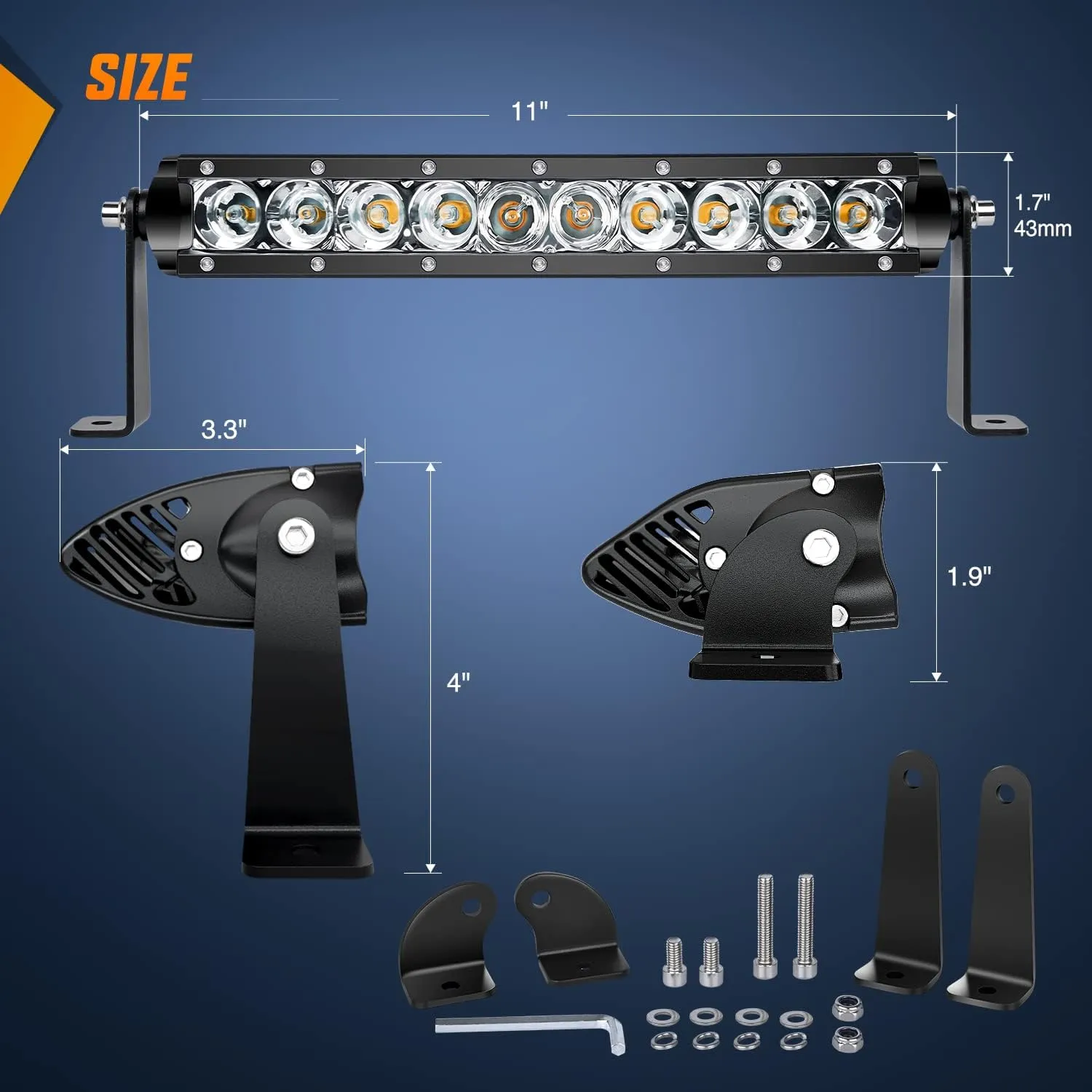 11 Inch 50W Amber Slim Flood Led Light Bar | 2 Style Mounts (Pair)