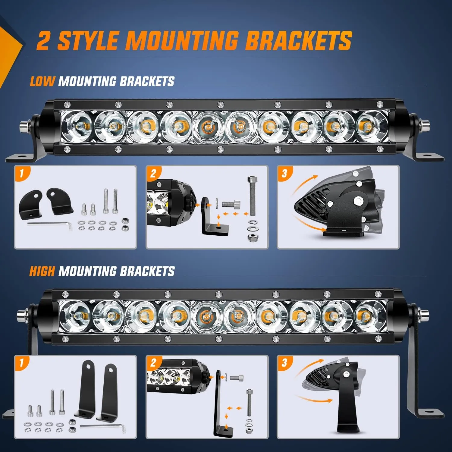 11 Inch 50W Amber Slim Flood Led Light Bar | 2 Style Mounts (Pair)