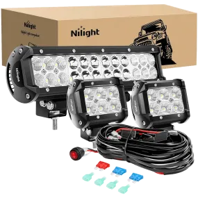 12 Inch 72W Double Row Spot Flood Led Light Bar | 4 Inch 18W Flood LED Pods (Pair) | 10FT Wire 3Pin Switch