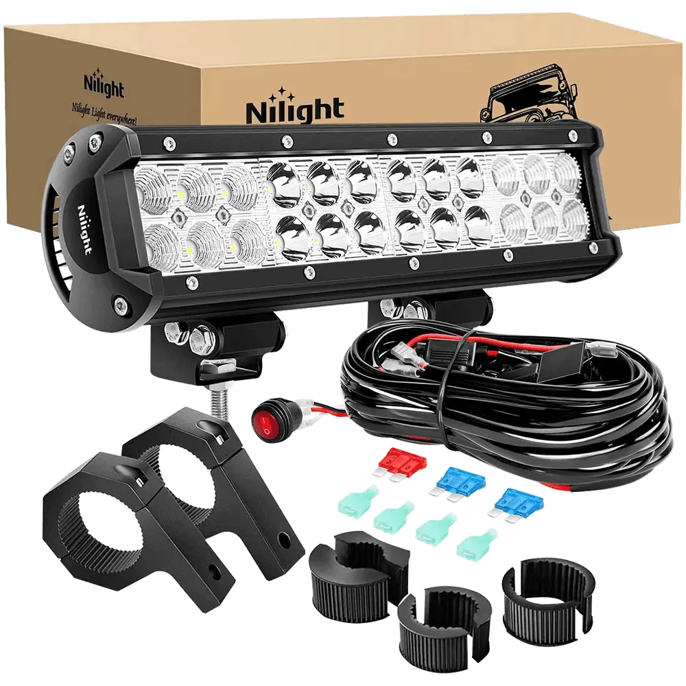 12 Inch 72W Double Row Spot Flood Led Light Bar | Horizontal Tube Clamp Mount | 12FT Wire 3Pin Switch