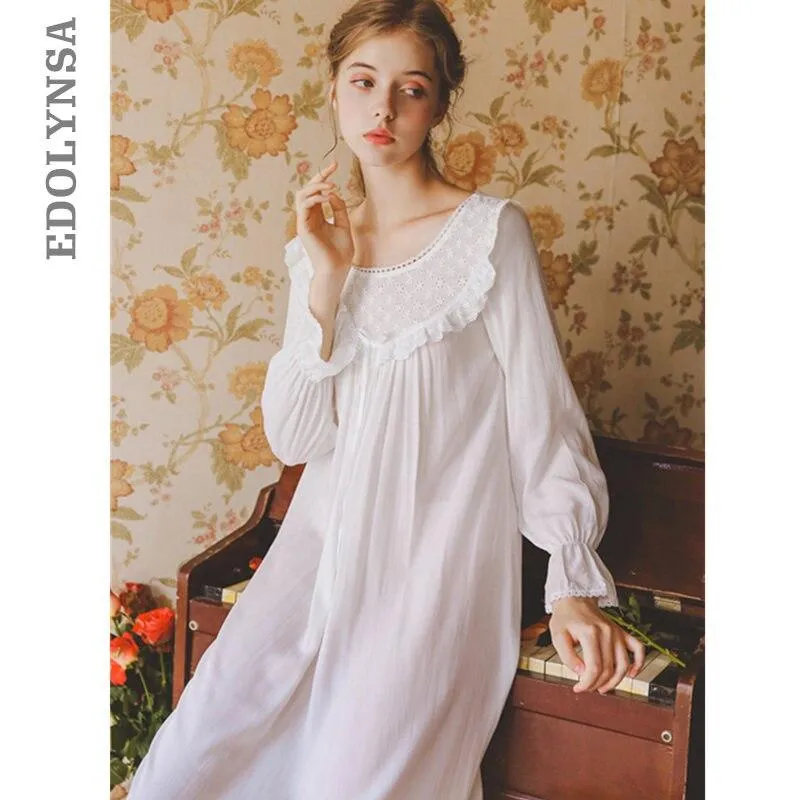 2019 Autumn Sleepwear Vintage White Cotton Nightgown Plus Size Women Home Wear Night Dress Ladies Nightwear Lingerie Nighty T545