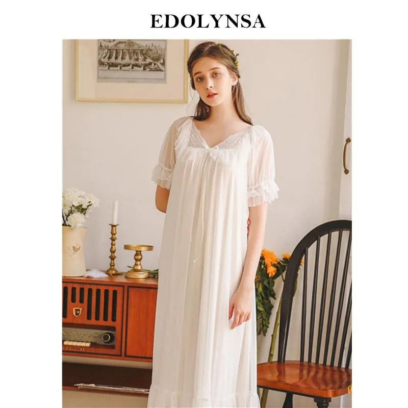 2019 Vintage Sleepwear Women Home Wear Night Dress Princess Style Lace Ruffle Cotton Lining Short Sleeve Long Nightgown H832