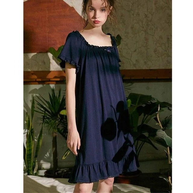 2019 Vintage Sleepwear Women Home Wear Short Sleeve Lace Ruffled Night Dress Retro Long Cotton Nightgown Ladies Nightwear T495