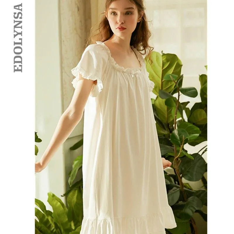 2019 Vintage Sleepwear Women Home Wear Short Sleeve Lace Ruffled Night Dress Retro Long Cotton Nightgown Ladies Nightwear T495