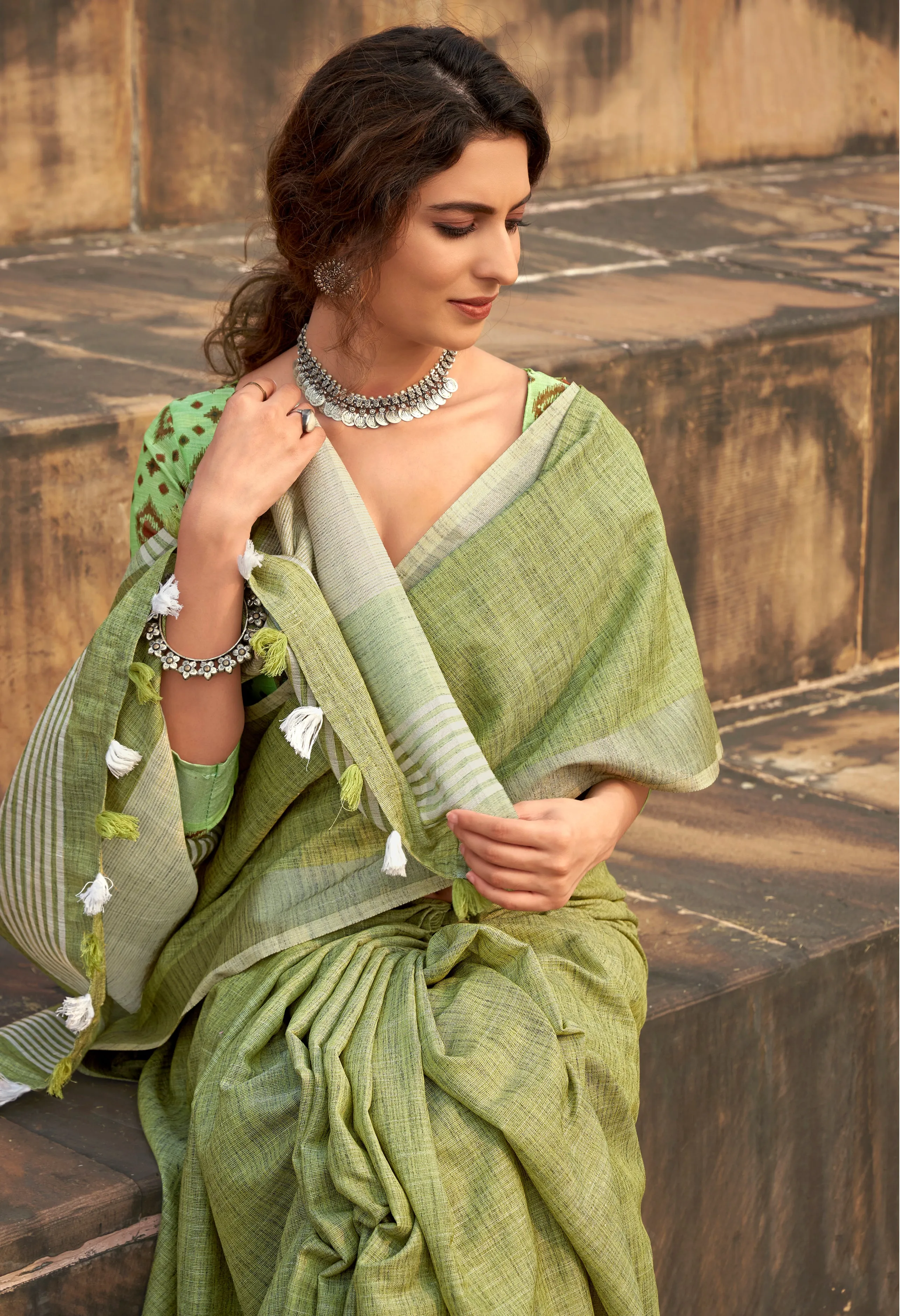 Green Linen Office Wear Readymade/Easy Saree