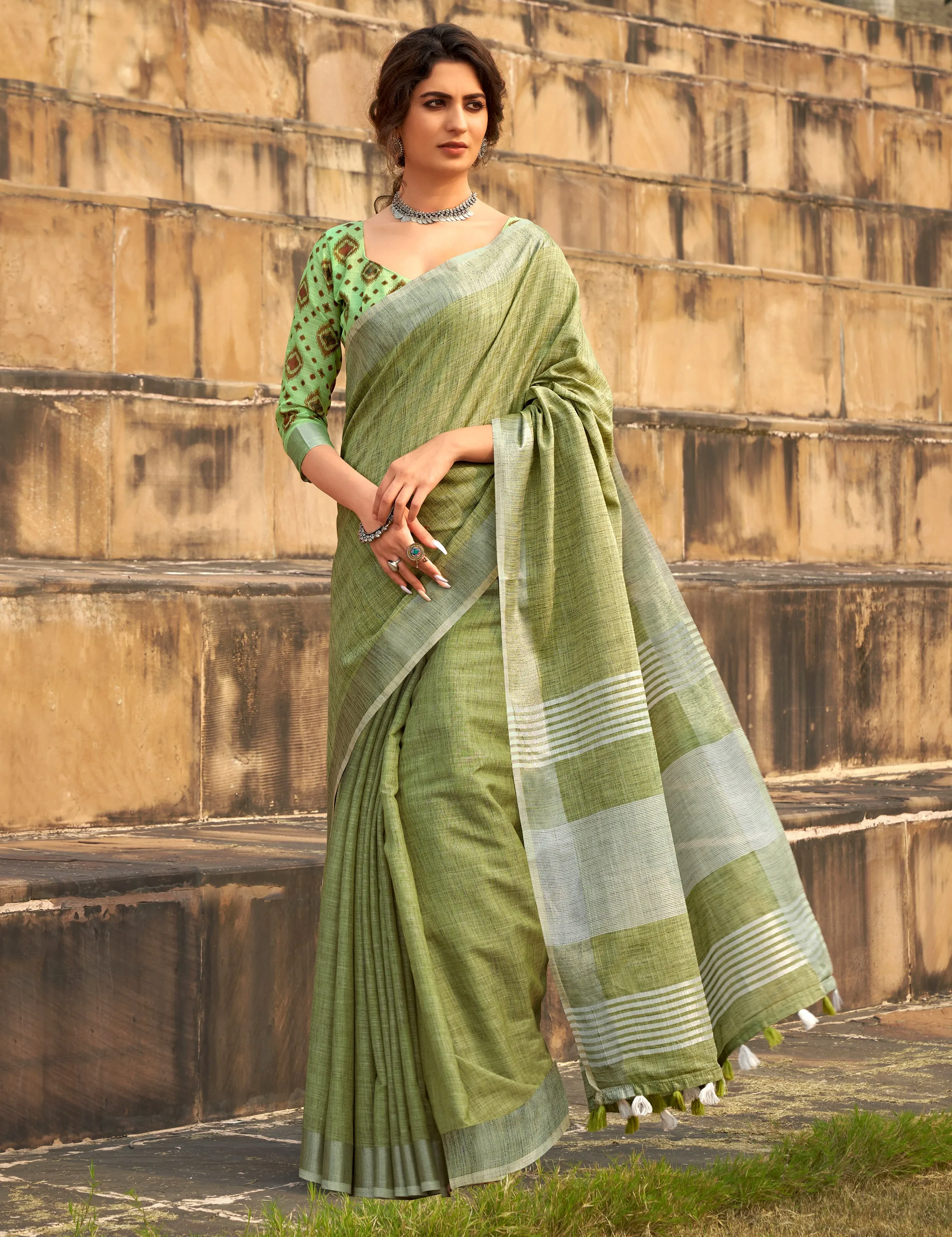 Green Linen Office Wear Readymade/Easy Saree