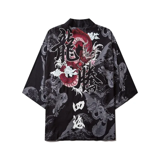 Japanese Great Wave off Kanagawa Dragons Kois Kimono