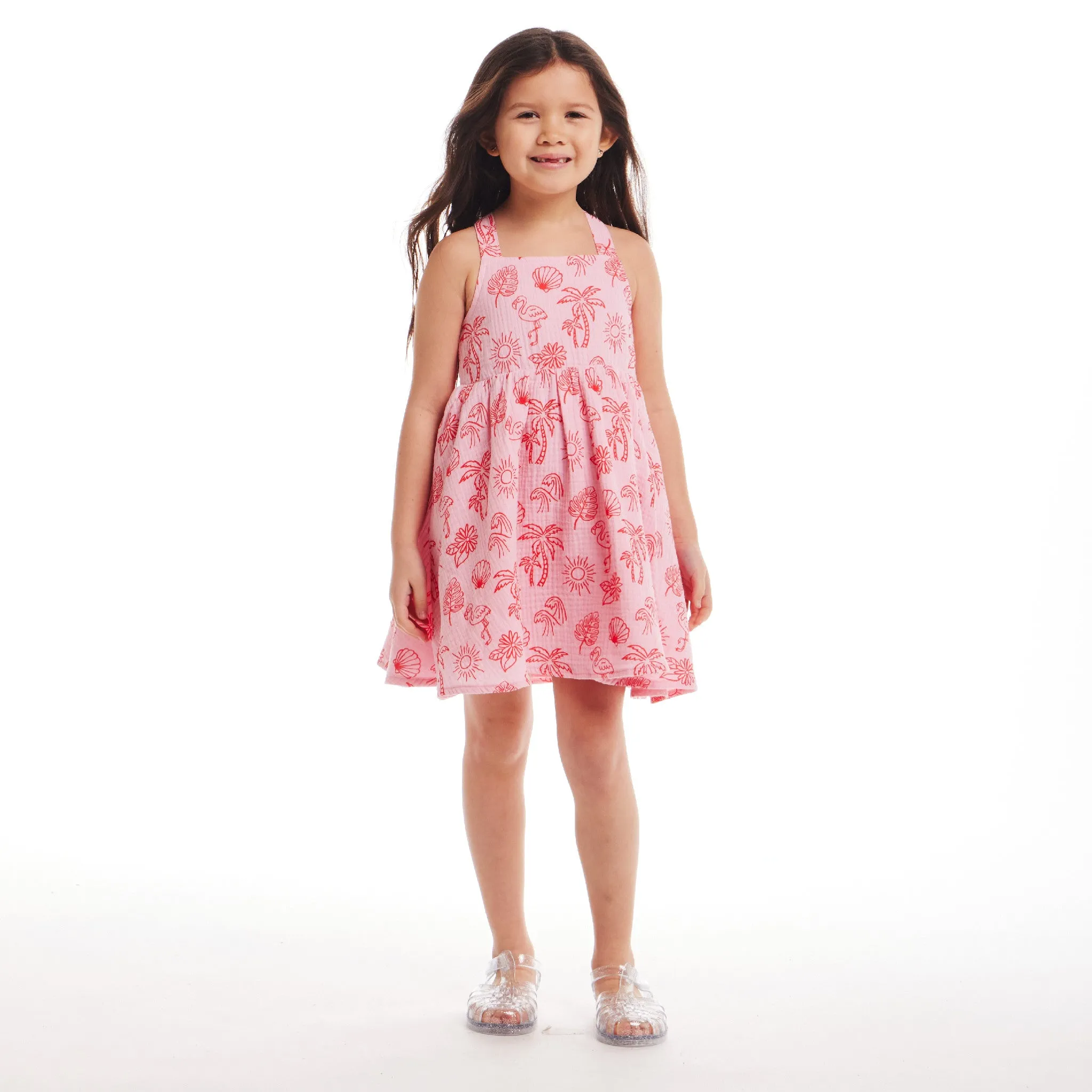 Kids (2-6x) Pink Tropical Icon Printed Gauze Dress | Pink