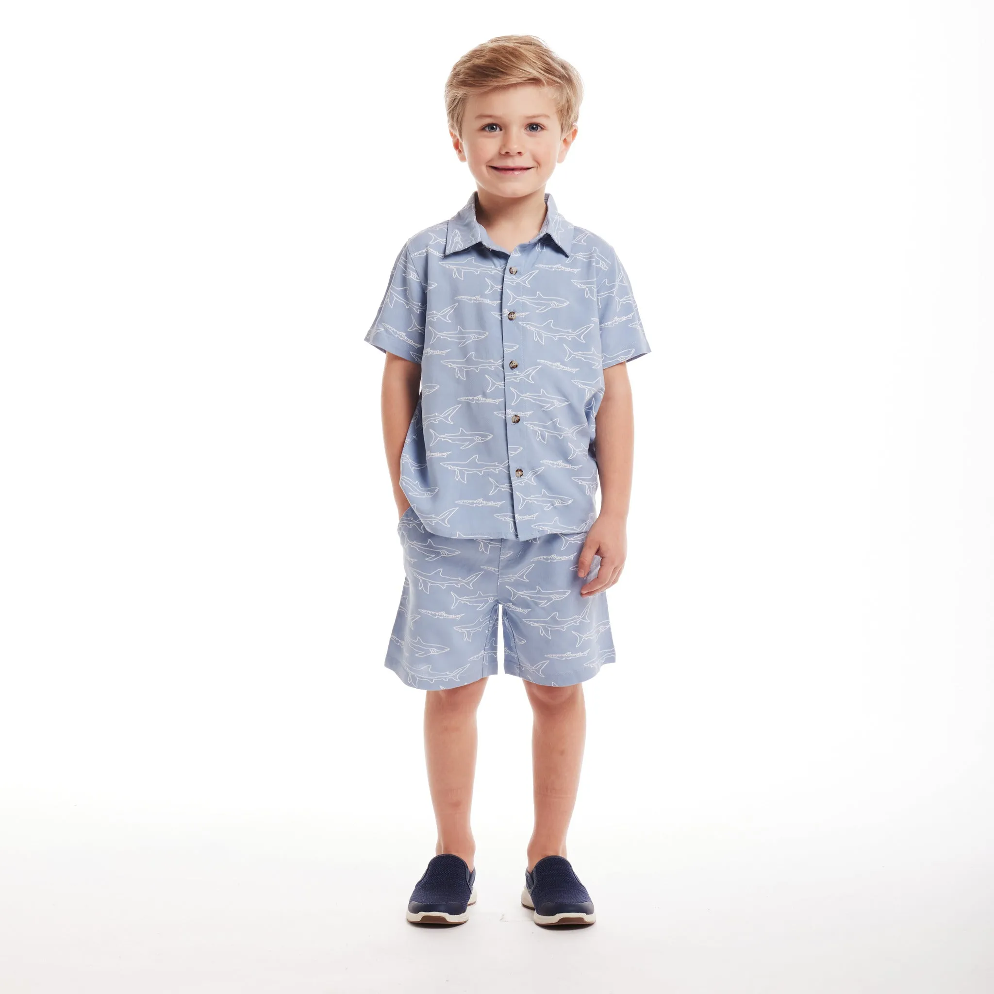 Kids (2-8) Shark Print Buttondown Set | Blue