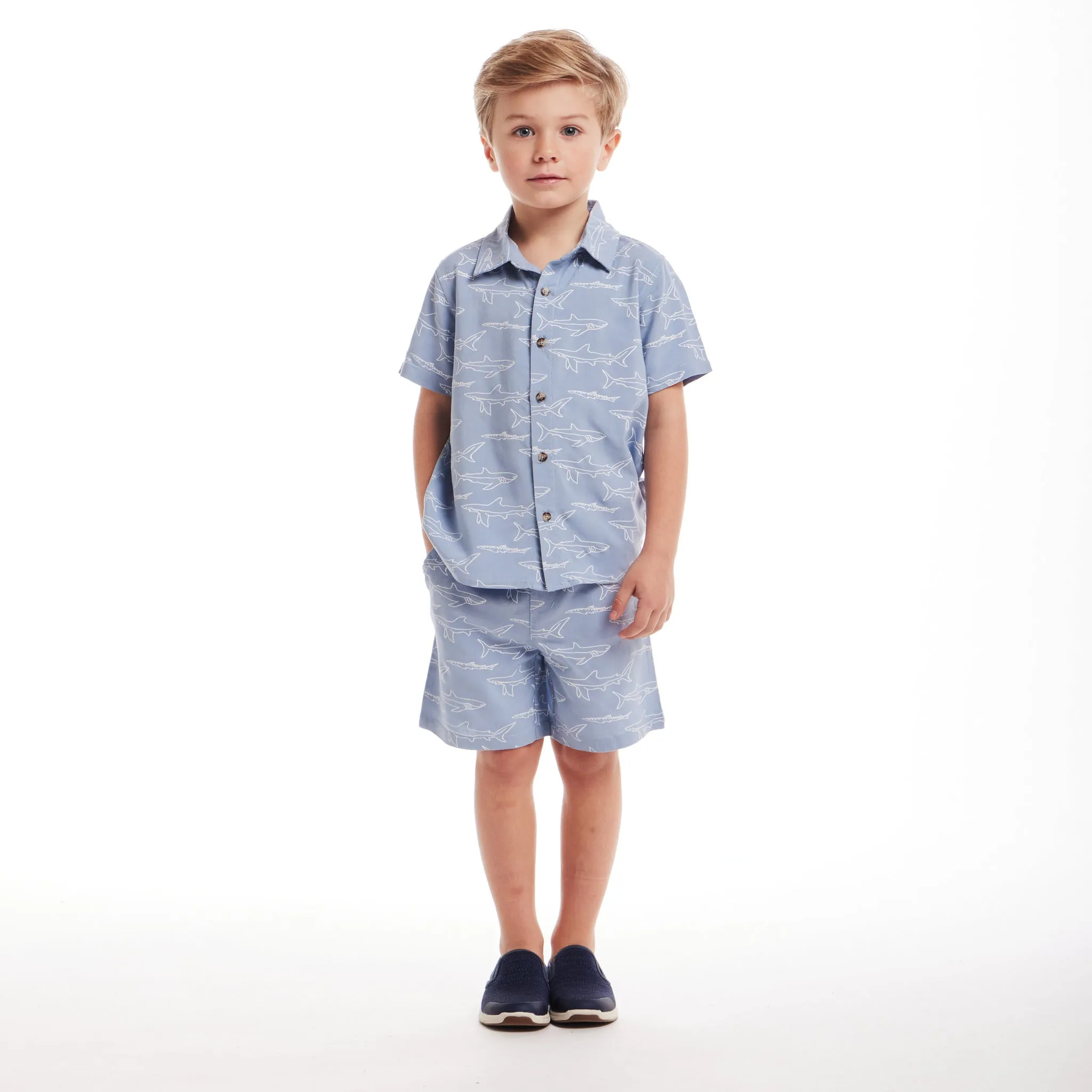 Kids (2-8) Shark Print Buttondown Set | Blue