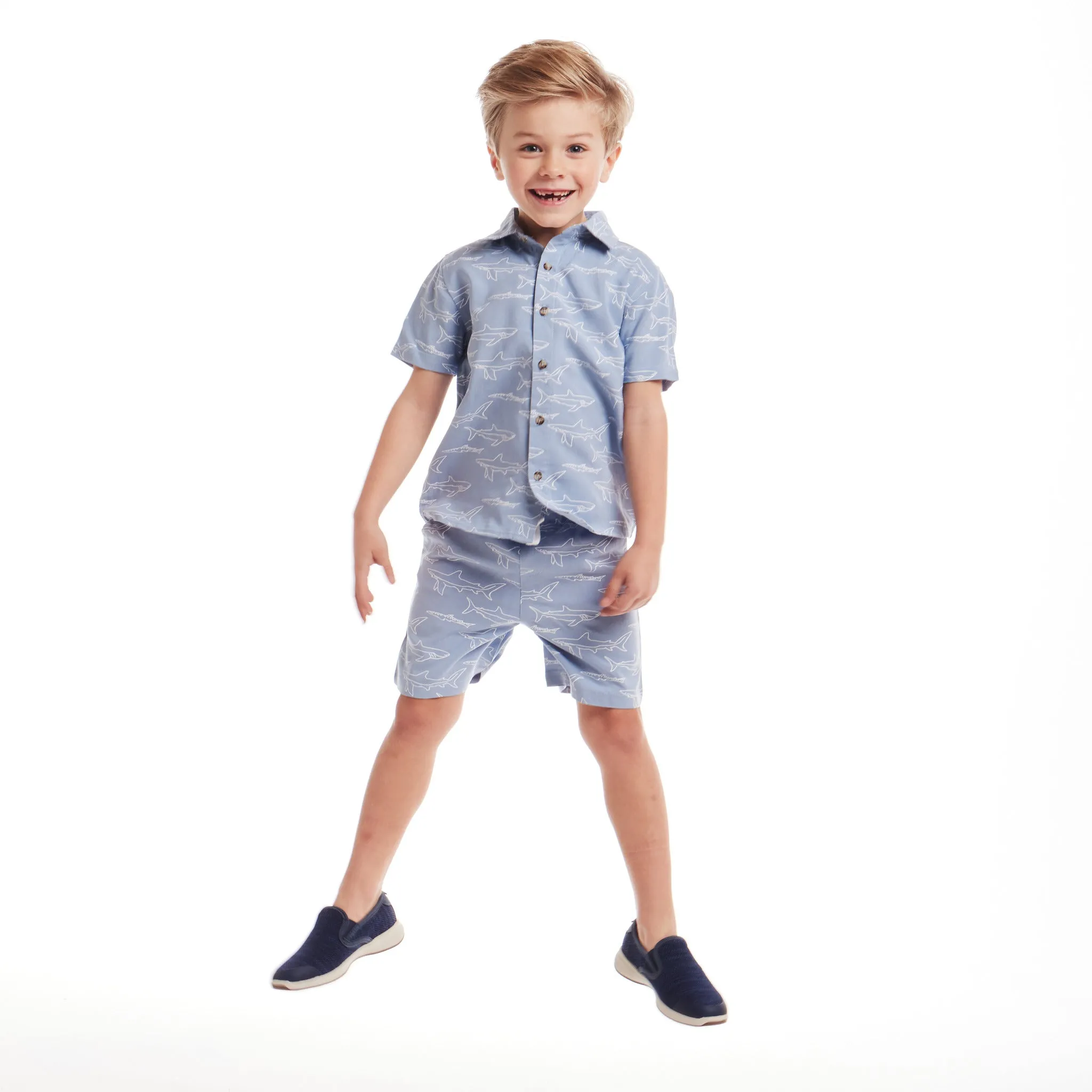 Kids (2-8) Shark Print Buttondown Set | Blue