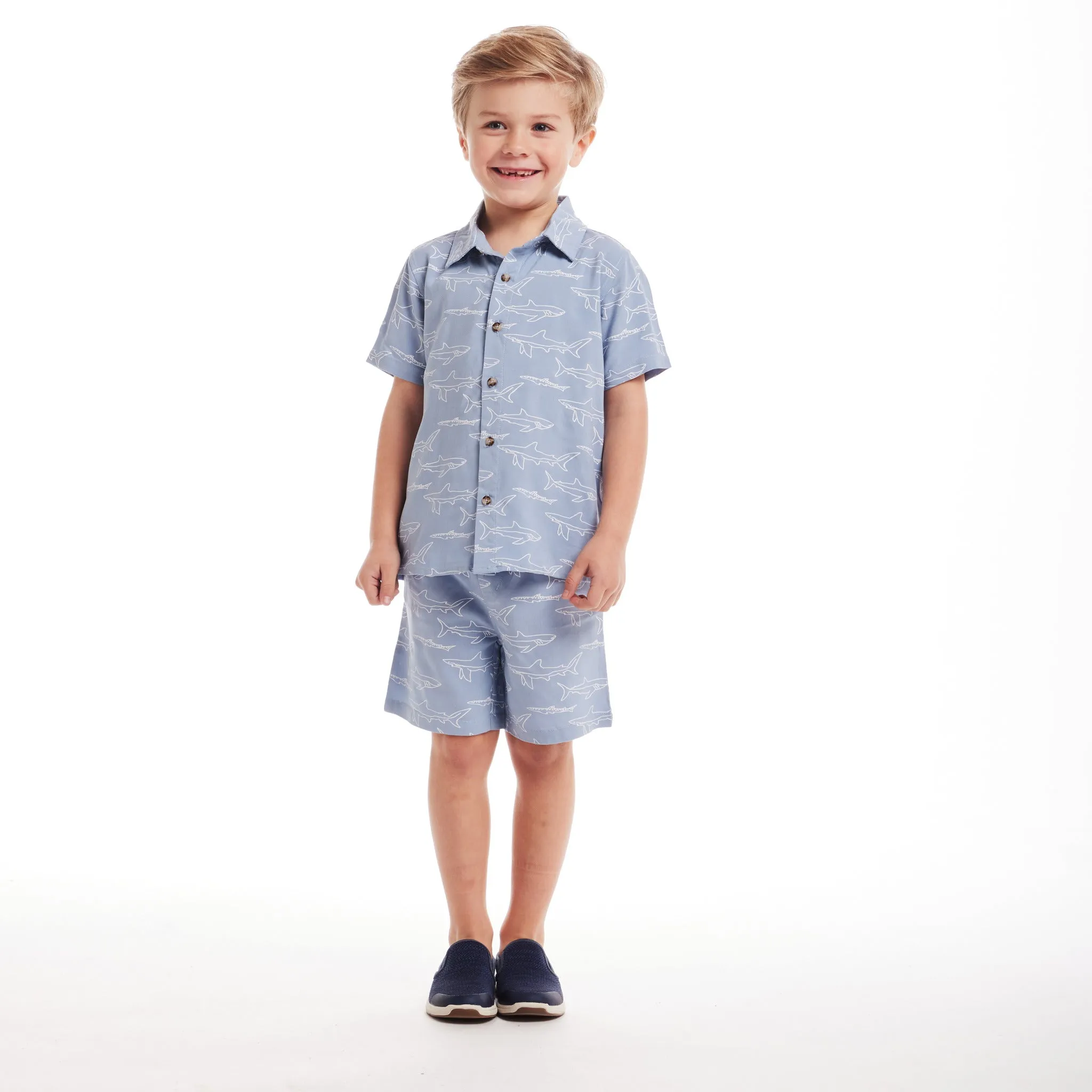 Kids (2-8) Shark Print Buttondown Set | Blue