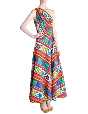 Lanvin Vintage Multicolor Graphic Floral Print One-Shoulder Maxi Dress