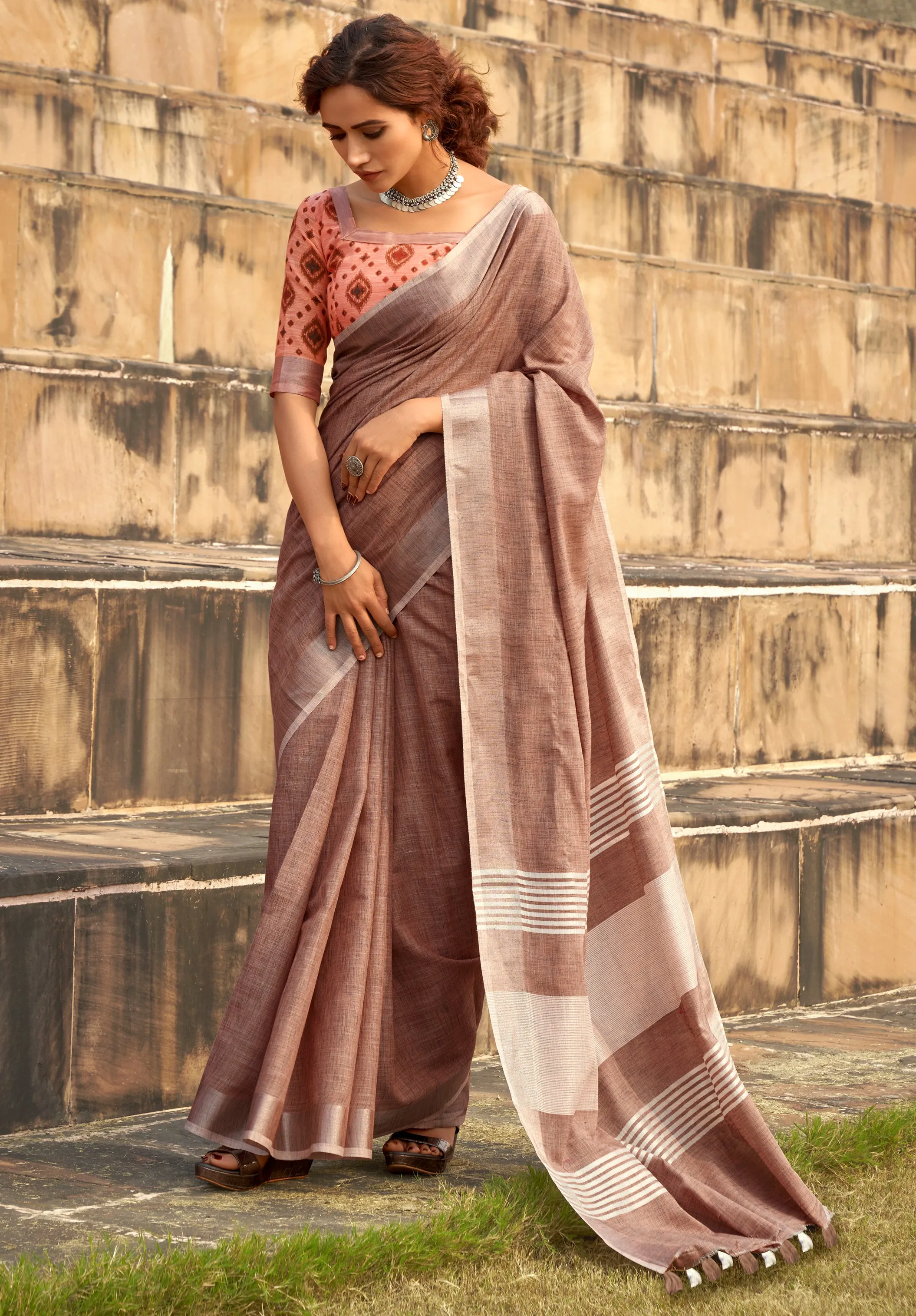 Mocha Linen Office Wear Readymade/Easy Saree
