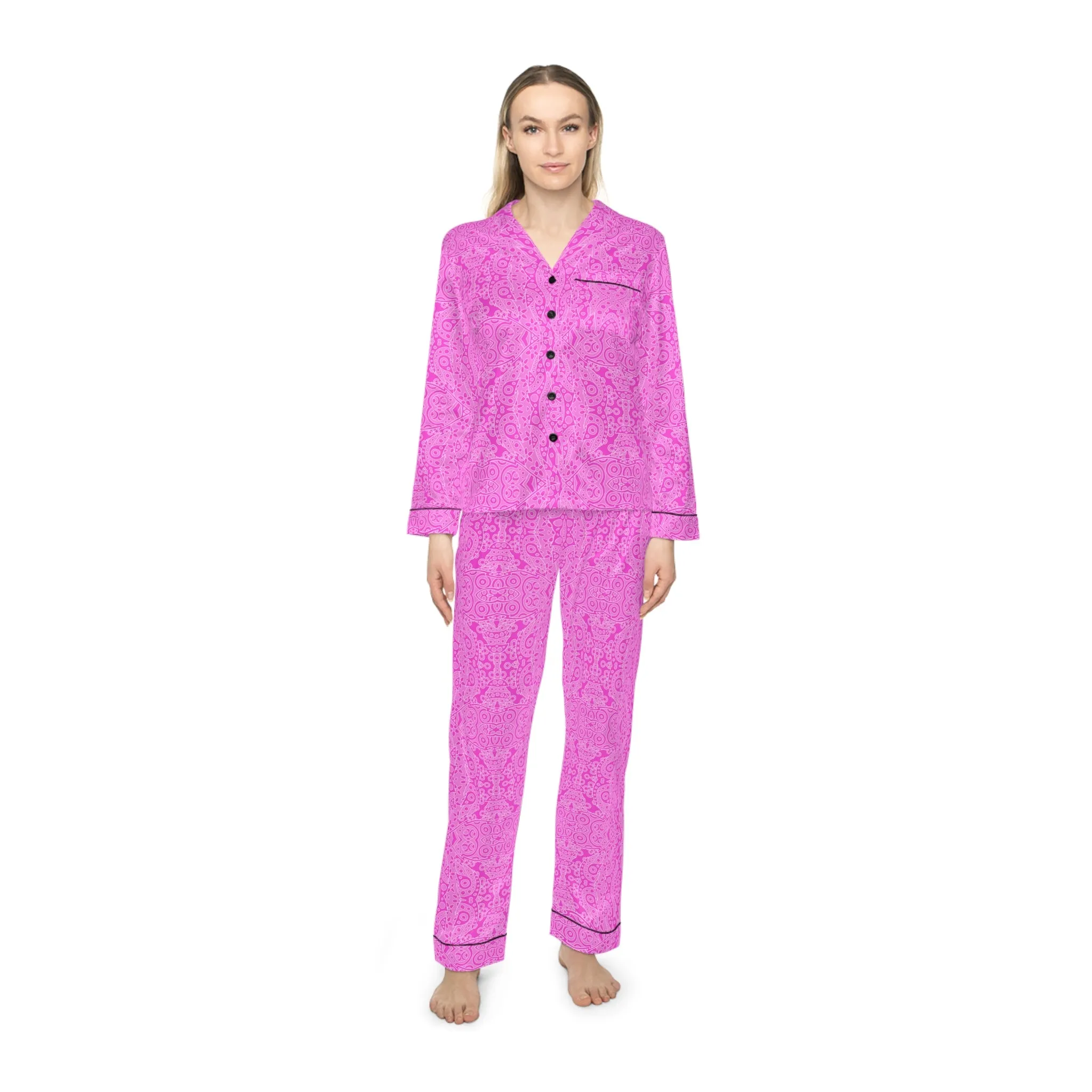 Pink Dreams - Stylish Women's Satin Pajamas with Bold Red Splash Design
