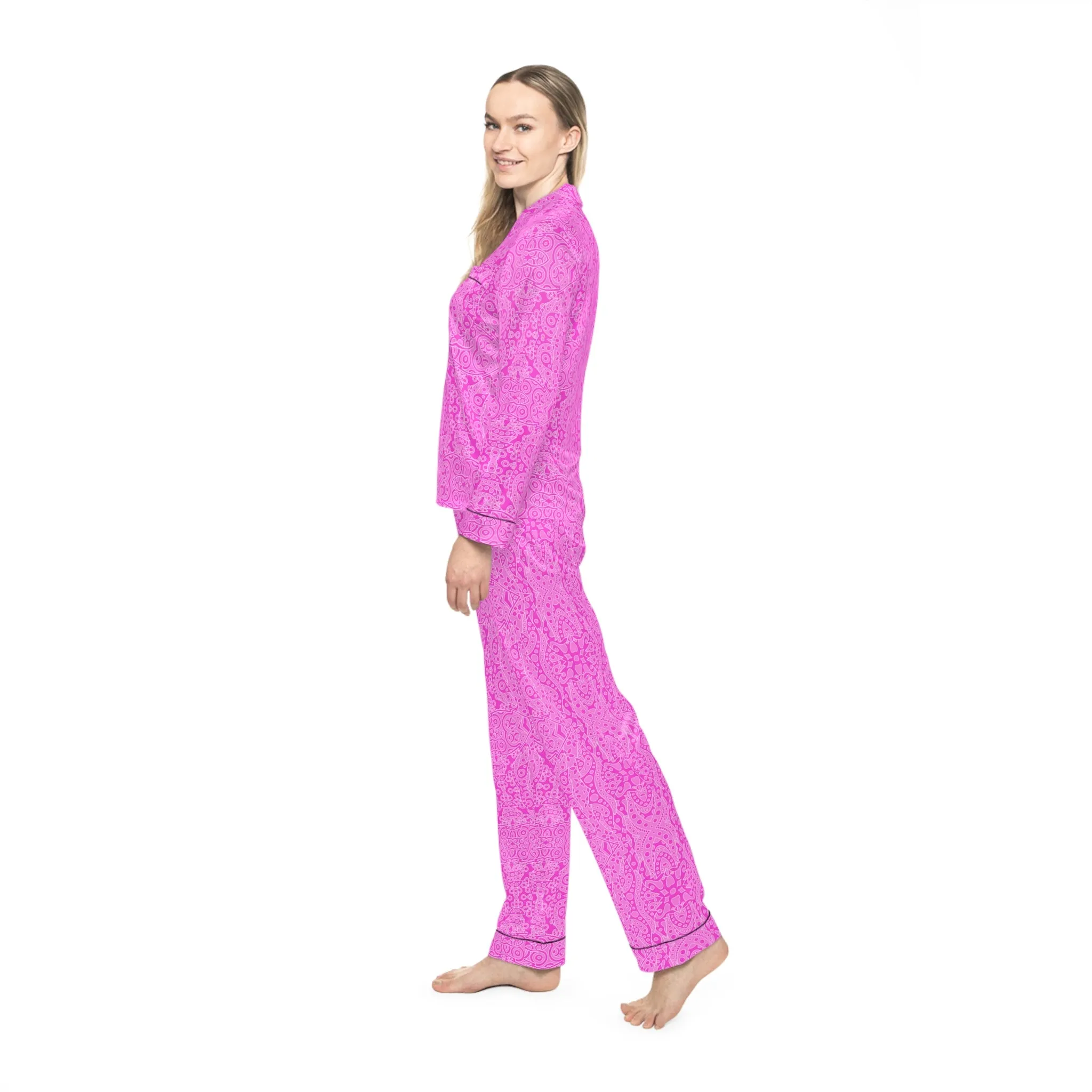 Pink Dreams - Stylish Women's Satin Pajamas with Bold Red Splash Design