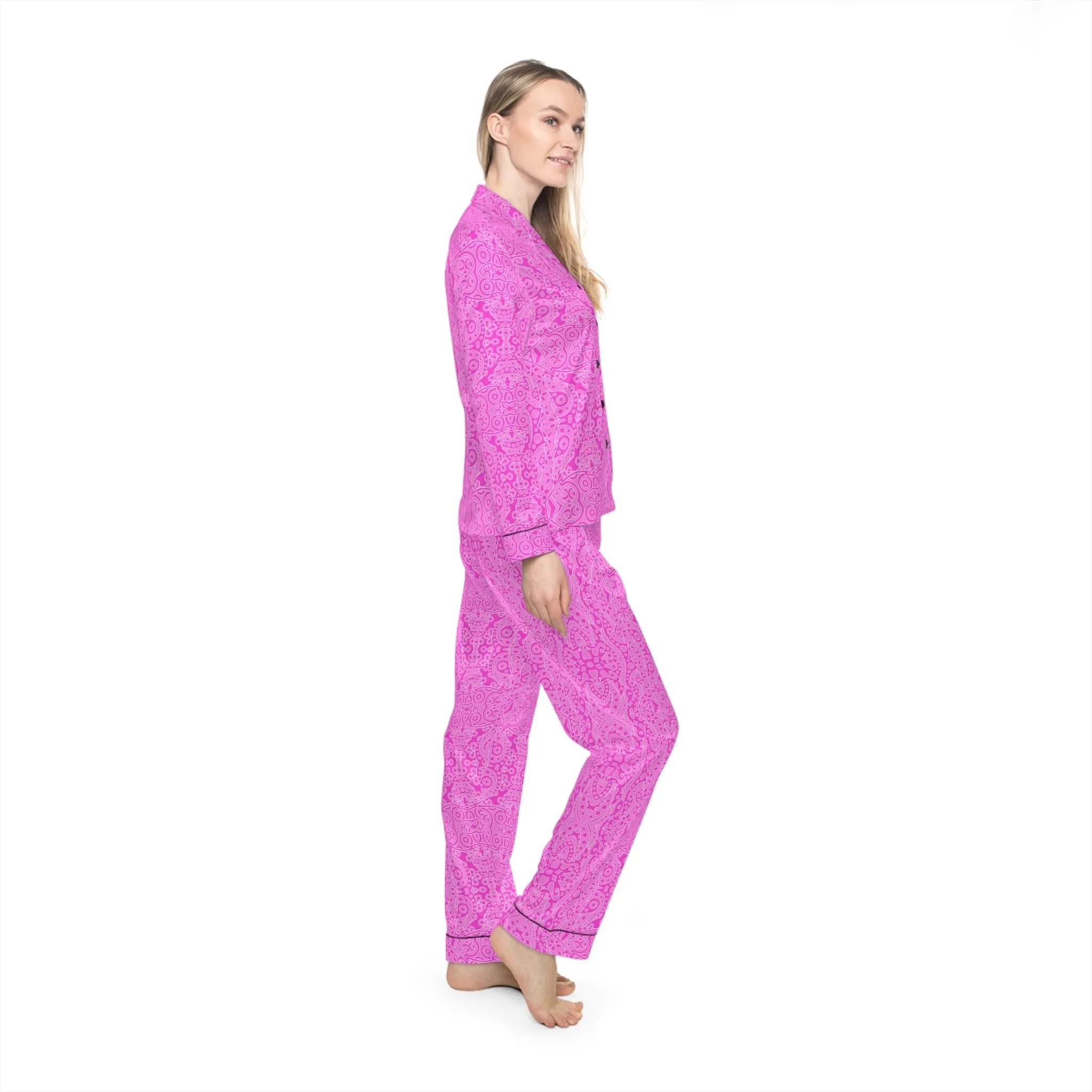 Pink Dreams - Stylish Women's Satin Pajamas with Bold Red Splash Design