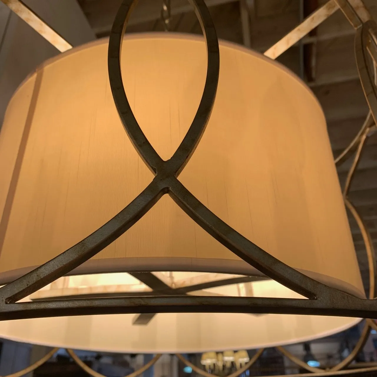 Troy Lighting Barrel Light with Aged Silver Iron Scroll Style and Inserted Barrel Shade