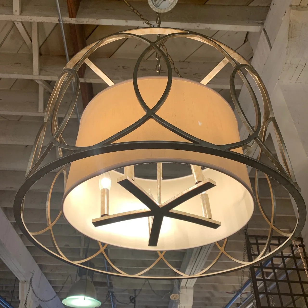Troy Lighting Barrel Light with Aged Silver Iron Scroll Style and Inserted Barrel Shade