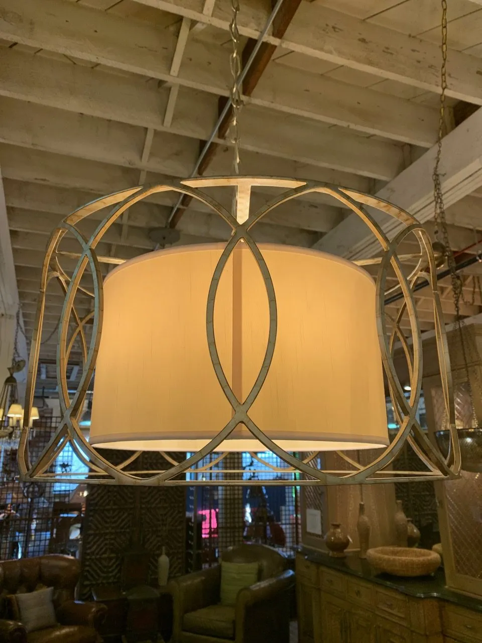 Troy Lighting Barrel Light with Aged Silver Iron Scroll Style and Inserted Barrel Shade